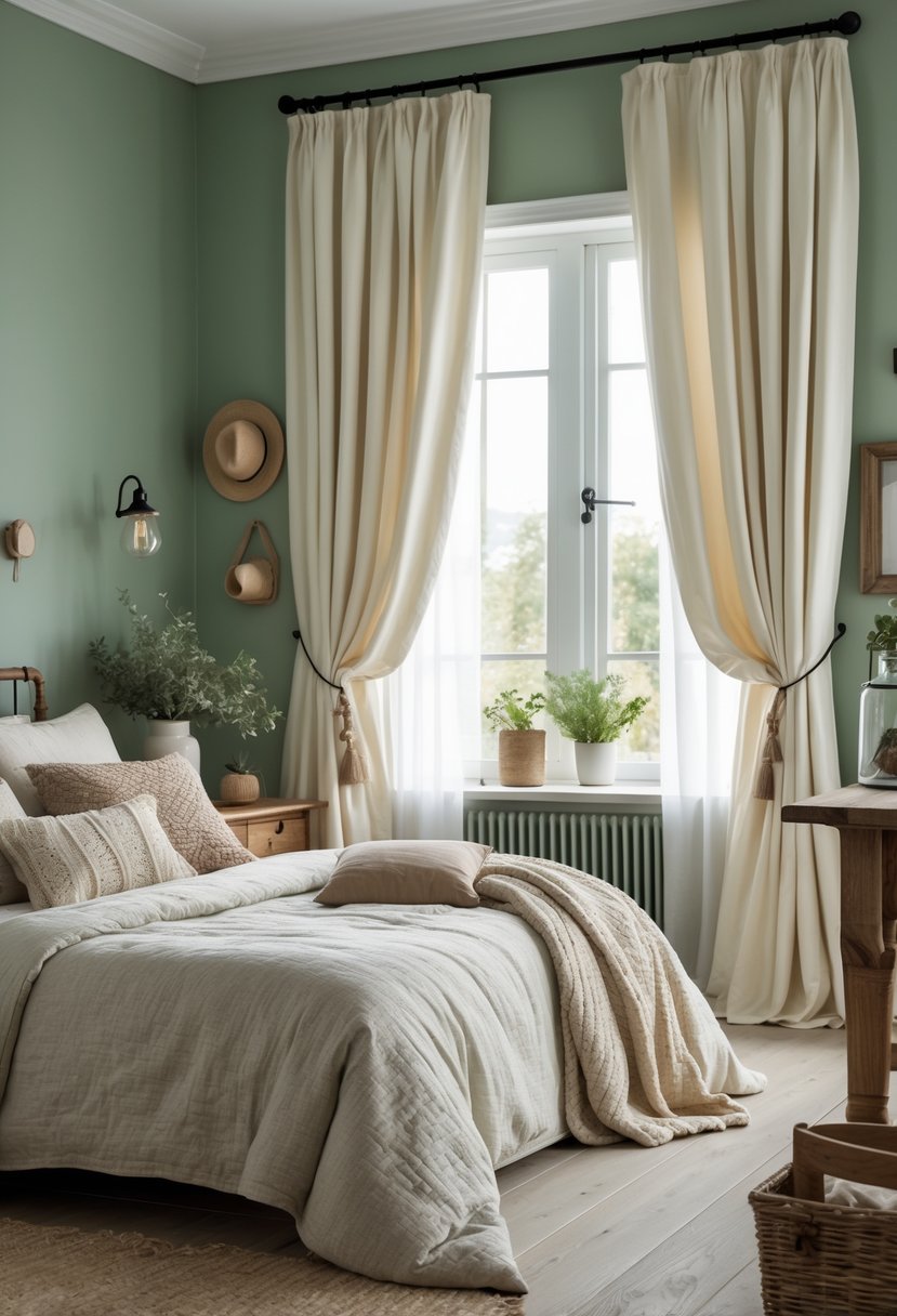 A bedroom with sage green walls and creamy white curtains, featuring a bed and wooden furniture.