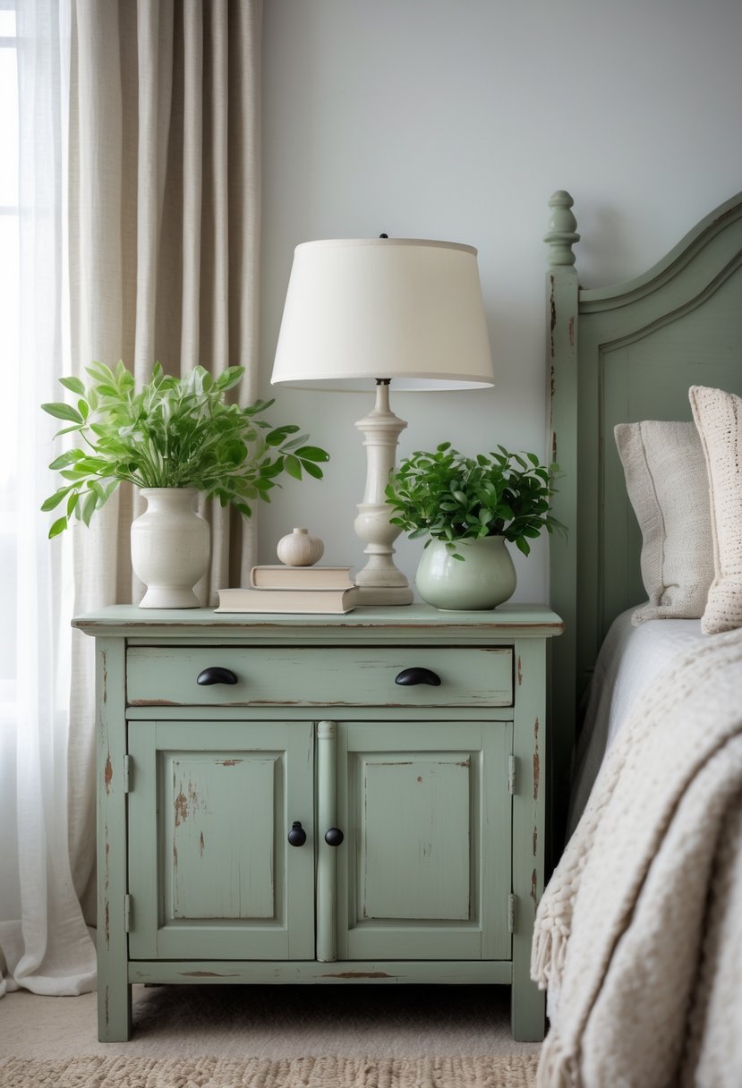 A bedroom with distressed sage green wooden bedside tables next to a neatly made bed, each table holding a lamp, a plant, and decorative items.