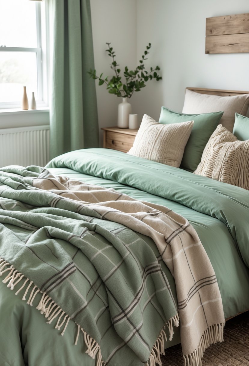 A neatly made bed with sage green bedding and muted plaid throw blankets in a softly lit bedroom with wooden furniture and simple decor.