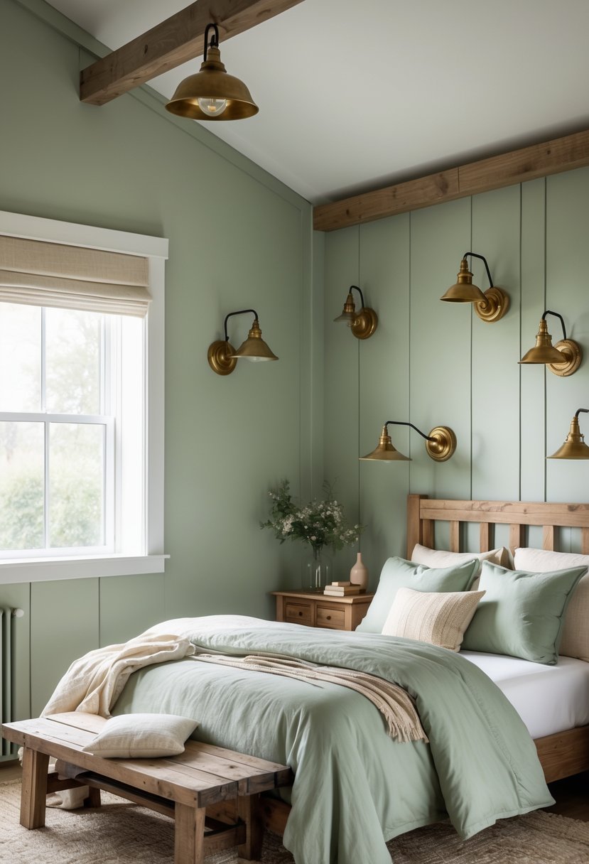 A bedroom with vintage brass light fixtures and sage green walls, featuring a wooden bed and soft natural lighting.