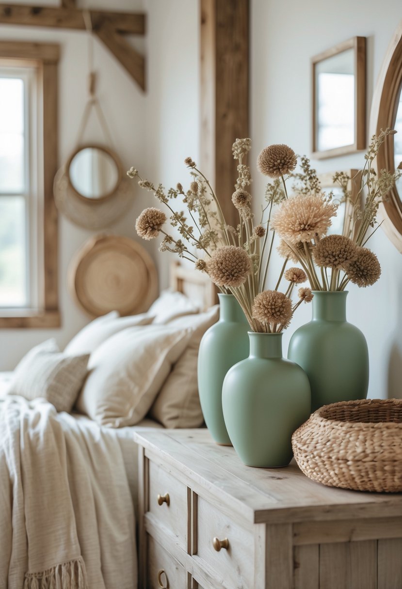 A bedroom with sage green ceramic vases holding dried flowers on a wooden surface next to a bed with neutral bedding.