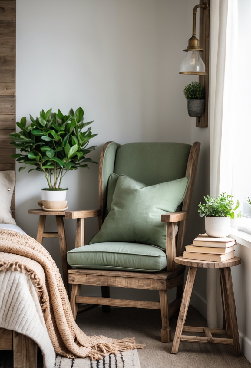 A cozy reading nook with a rustic wooden chair and sage green cushions next to a small wooden side table with books and a potted plant.
