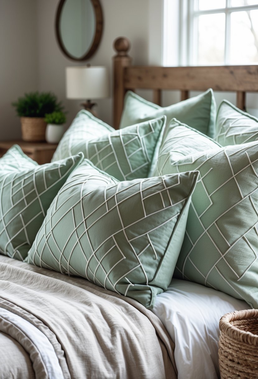 A bedroom with a bed decorated with geometric patterned sage green throw pillows and warm wooden furniture.