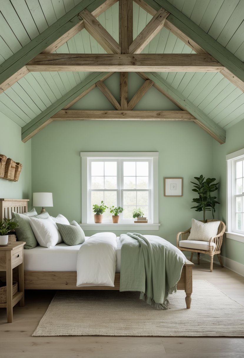 A bedroom with reclaimed wood beams on the ceiling, a bed with green and white linens, wooden furniture, and natural light coming through windows.