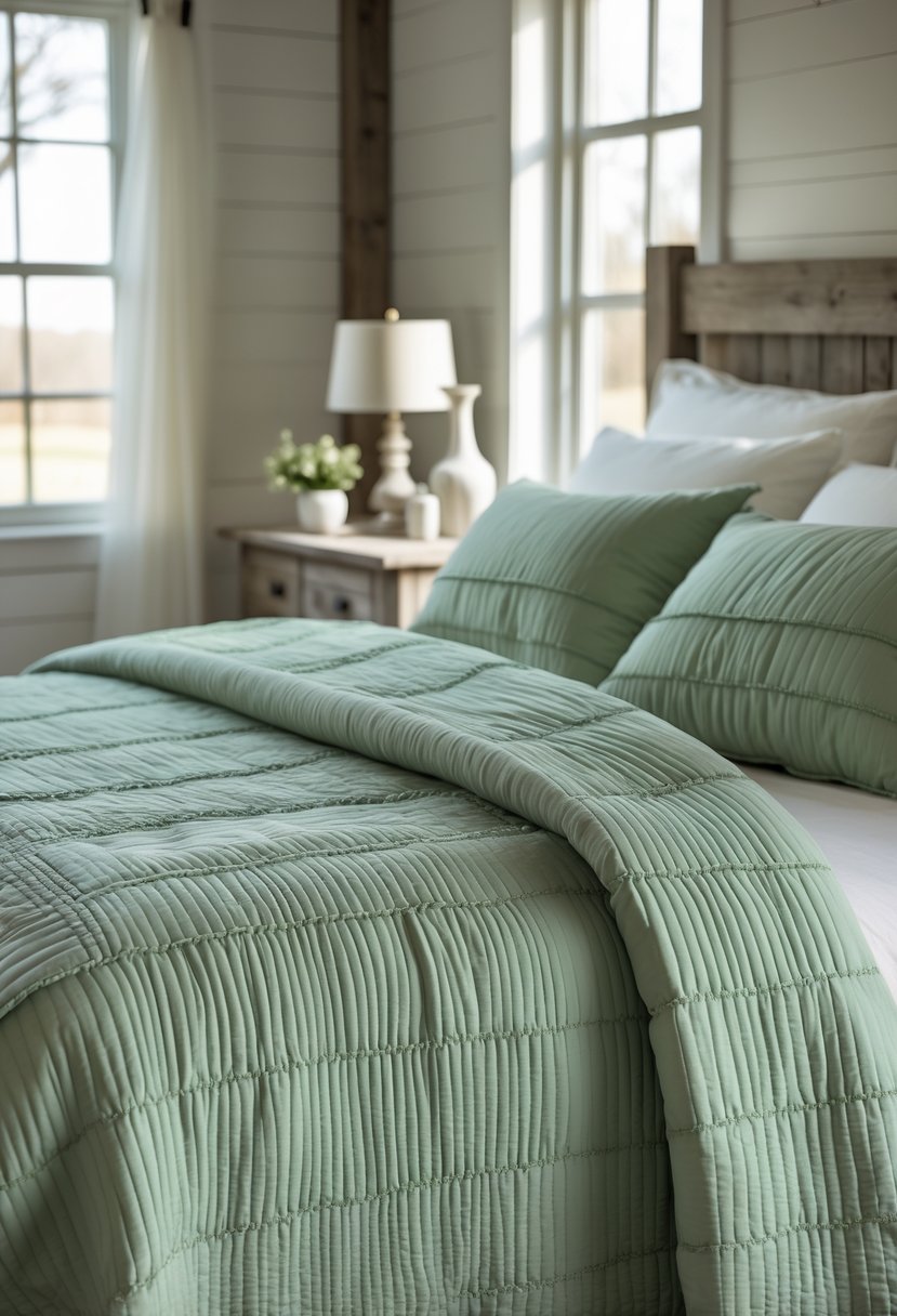 A bedroom with a bed covered by a sage green quilt with textured stitching, softly lit by natural light.