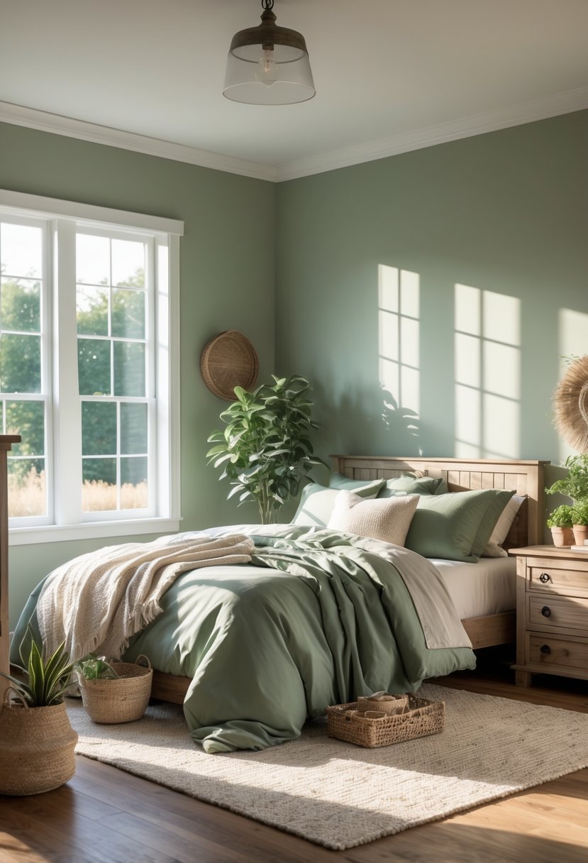 A warm bedroom with sage green bedding and soft taupe walls, featuring wooden furniture and natural light.