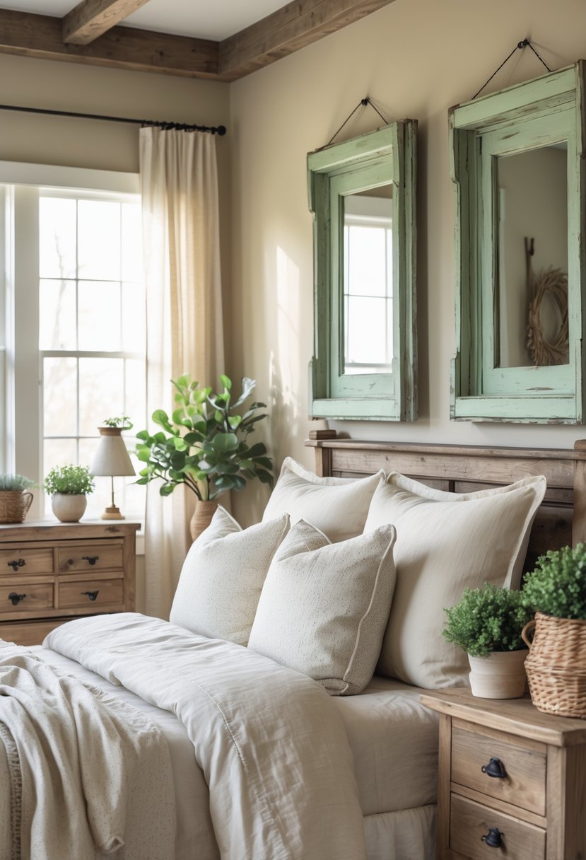 A bedroom with antique mirrors in sage green distressed frames hanging above a wooden dresser, with soft natural light and cozy decor.