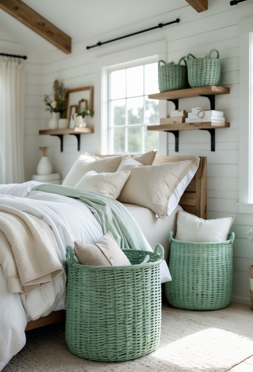 A bedroom with a bed, wooden furniture, and sage green woven baskets used for storage and decoration.