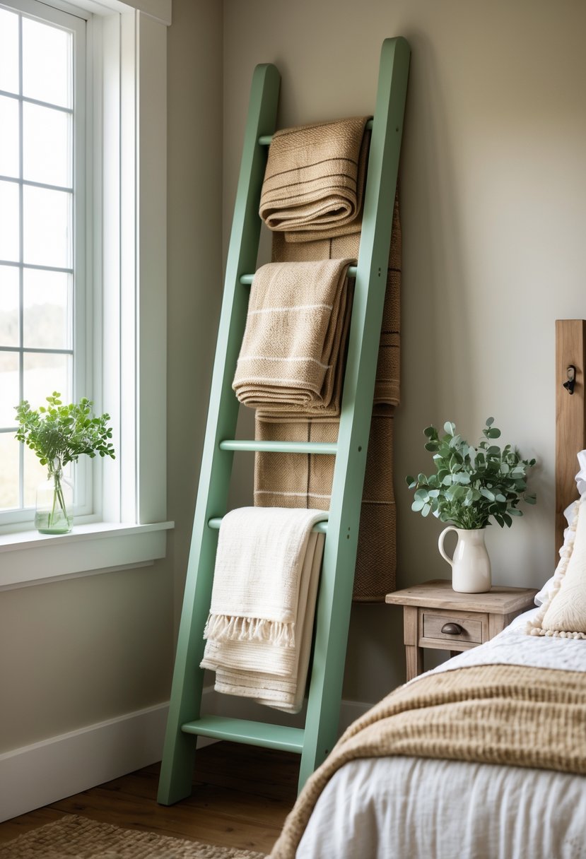 A bedroom with a sage green ladder leaning against the wall holding folded blankets.