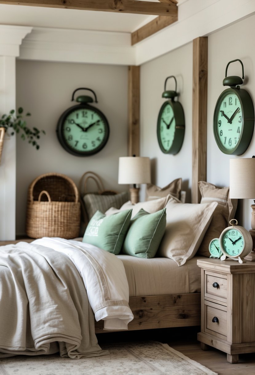 A cozy bedroom with a bed, wooden nightstands, vintage clocks, and soft natural lighting.