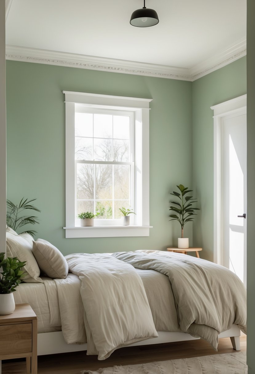 A bedroom with sage green walls, white crown molding, a bed, a nightstand with a plant, and natural light coming through a window.