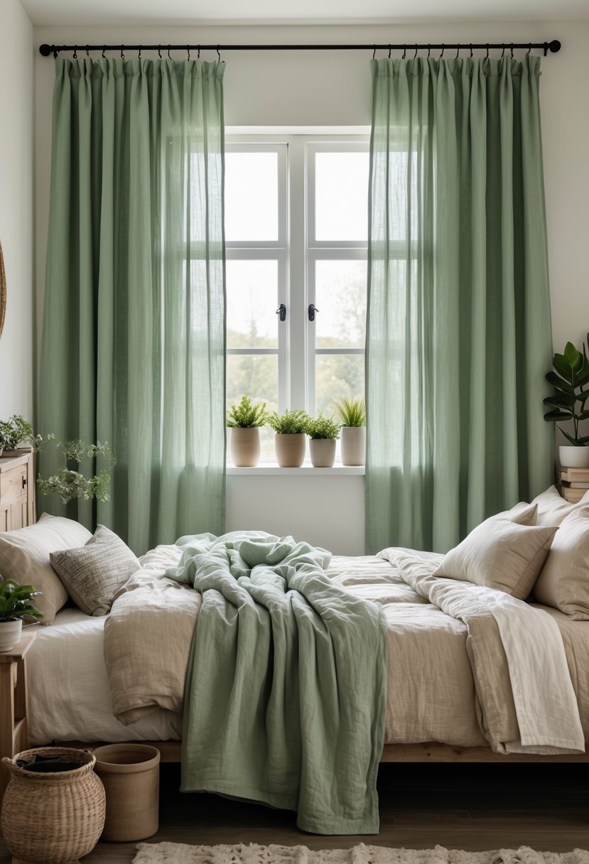 A bedroom with muted sage green linen curtains, a cozy bed, wooden furniture, and soft natural lighting.