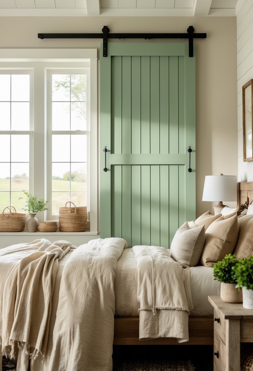 Bedroom with sage green barn doors, a bed with neutral linens, wooden furniture, and natural light.