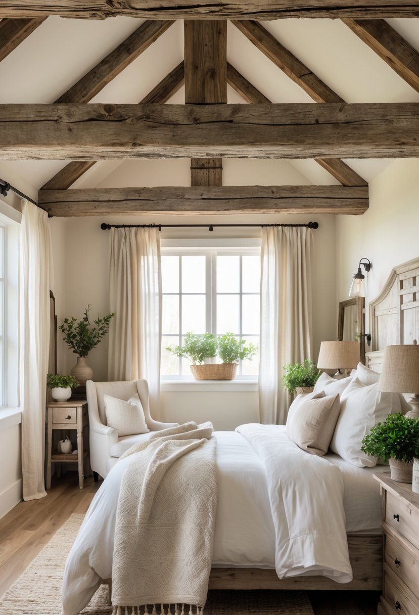 A cozy bedroom with exposed weathered wood beams on the ceiling, a neatly made bed, wooden nightstands, and natural light coming through windows.