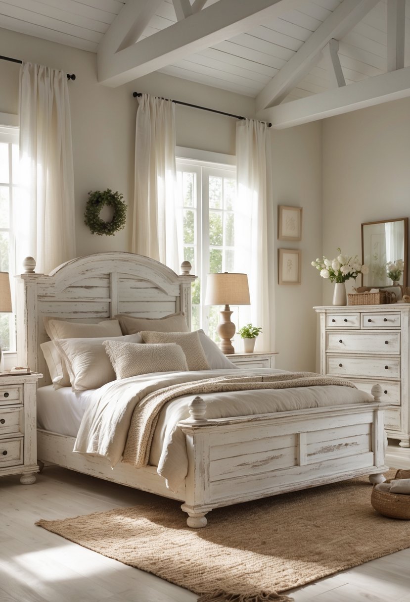 A bedroom with a wooden bed, bedside tables, dresser, and soft natural lighting.