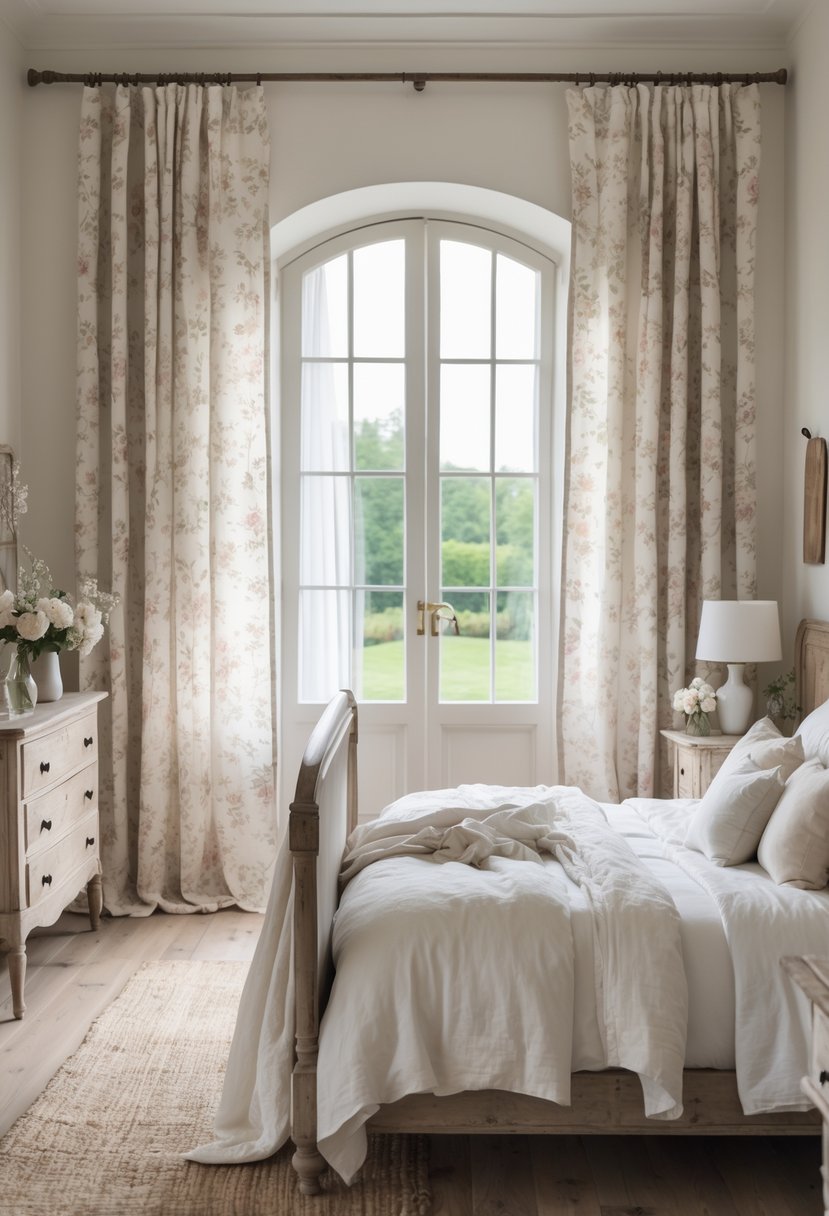 A bright bedroom with large windows covered by floral curtains, a wooden bed with white bedding, and rustic furniture.