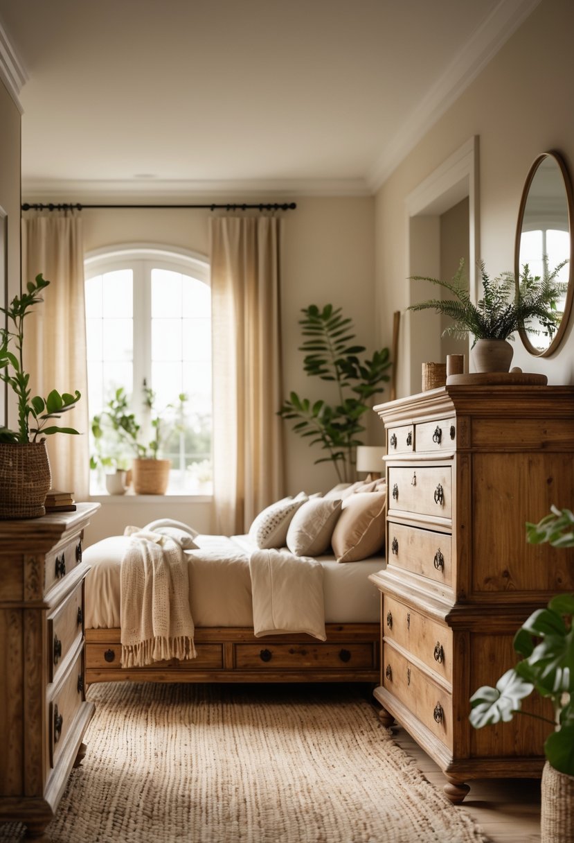 A bedroom with antique wooden dressers, a neatly made bed, plants, and soft natural lighting.