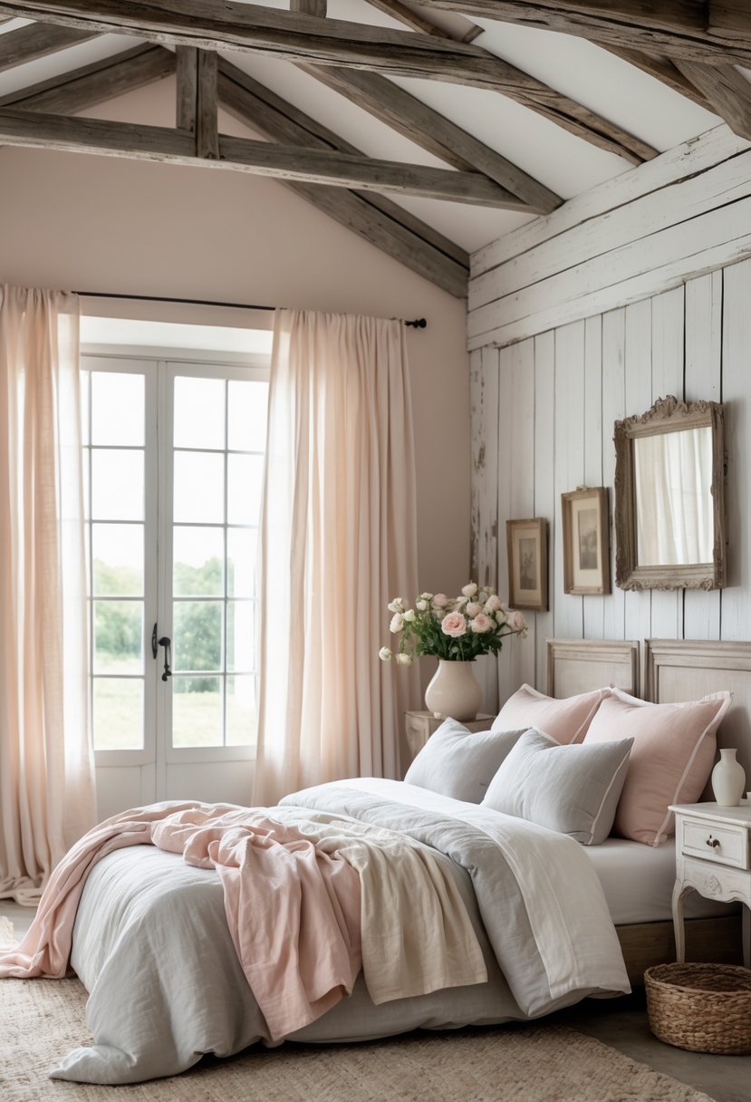 A bright and cozy bedroom with a bed, wooden beams, soft pastel bedding, and natural light coming through sheer curtains.