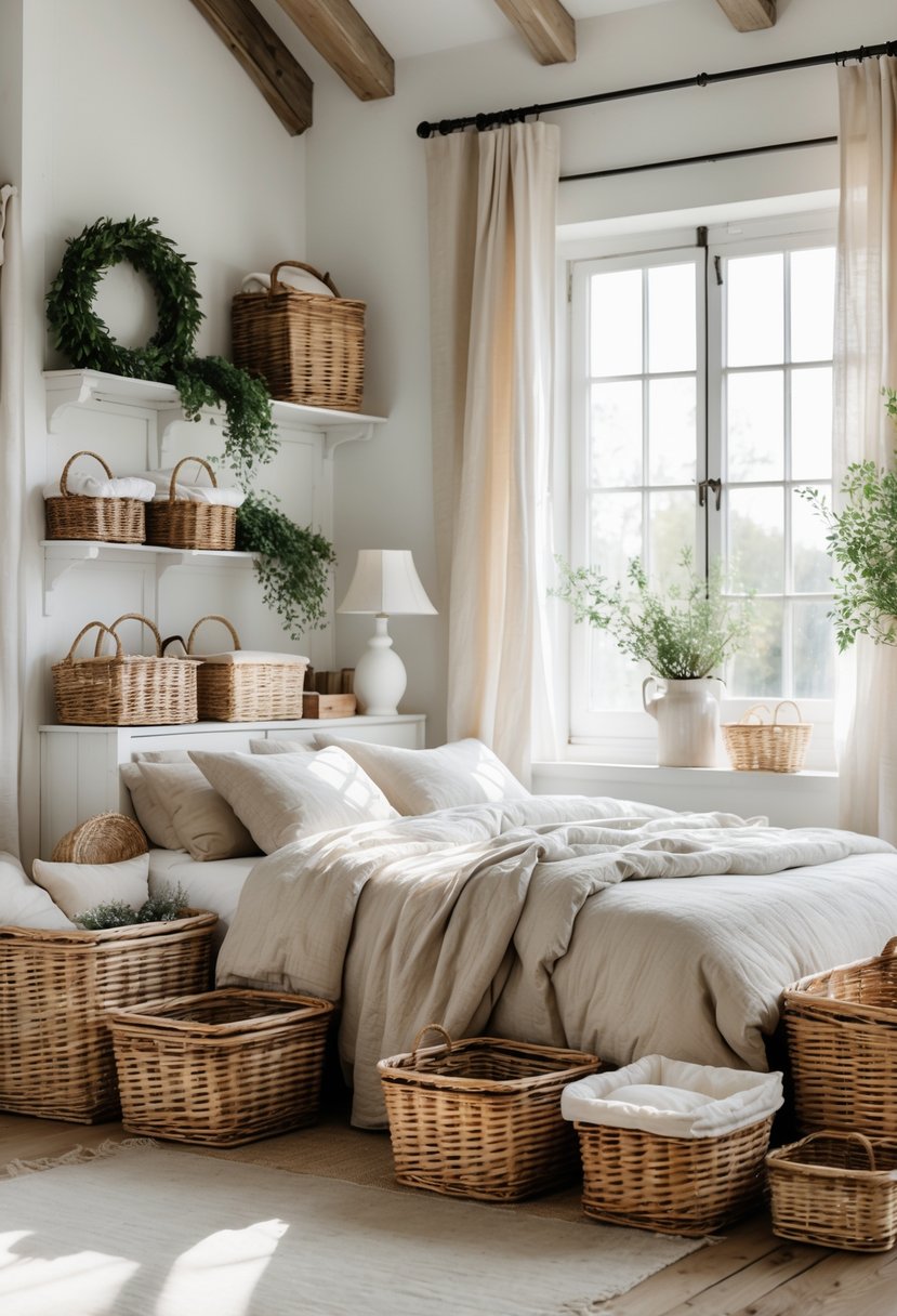 A bright bedroom with wicker baskets used for storage placed on shelves and the floor next to a bed with neutral bedding.