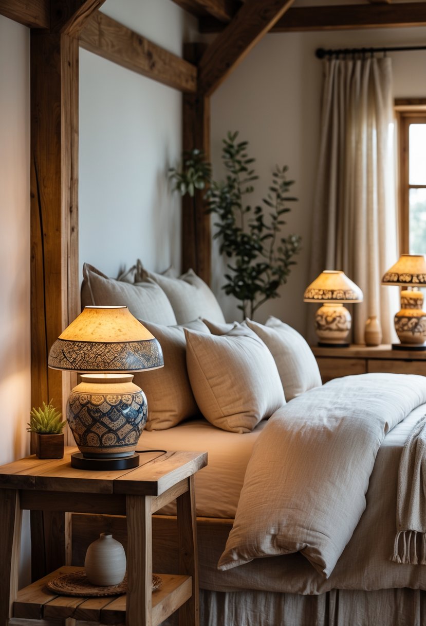 A cozy bedroom with a made bed, wooden furniture, and several ceramic lamps emitting soft light.