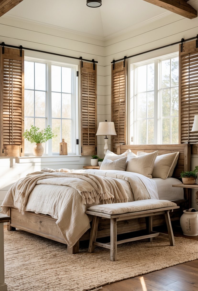 A bright bedroom with wooden shutters on the windows, a cozy bed with pillows, and natural sunlight filling the room.