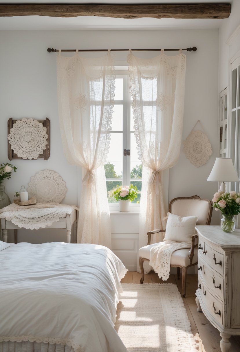 A bright bedroom with a large bed, lace curtains, wooden furniture, and fresh flowers by a window.