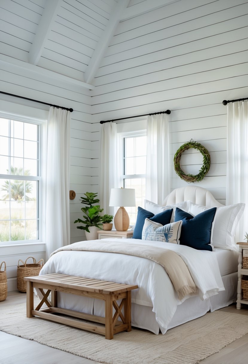 A bright bedroom with soft white and sea blue walls, a bed with white linens, wooden furniture, and natural light coming through windows.