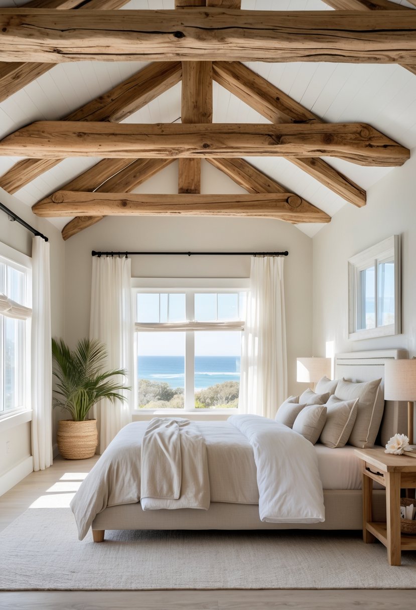 A bright bedroom with wooden ceiling beams, a bed with neutral linens, and natural light coming through large windows.