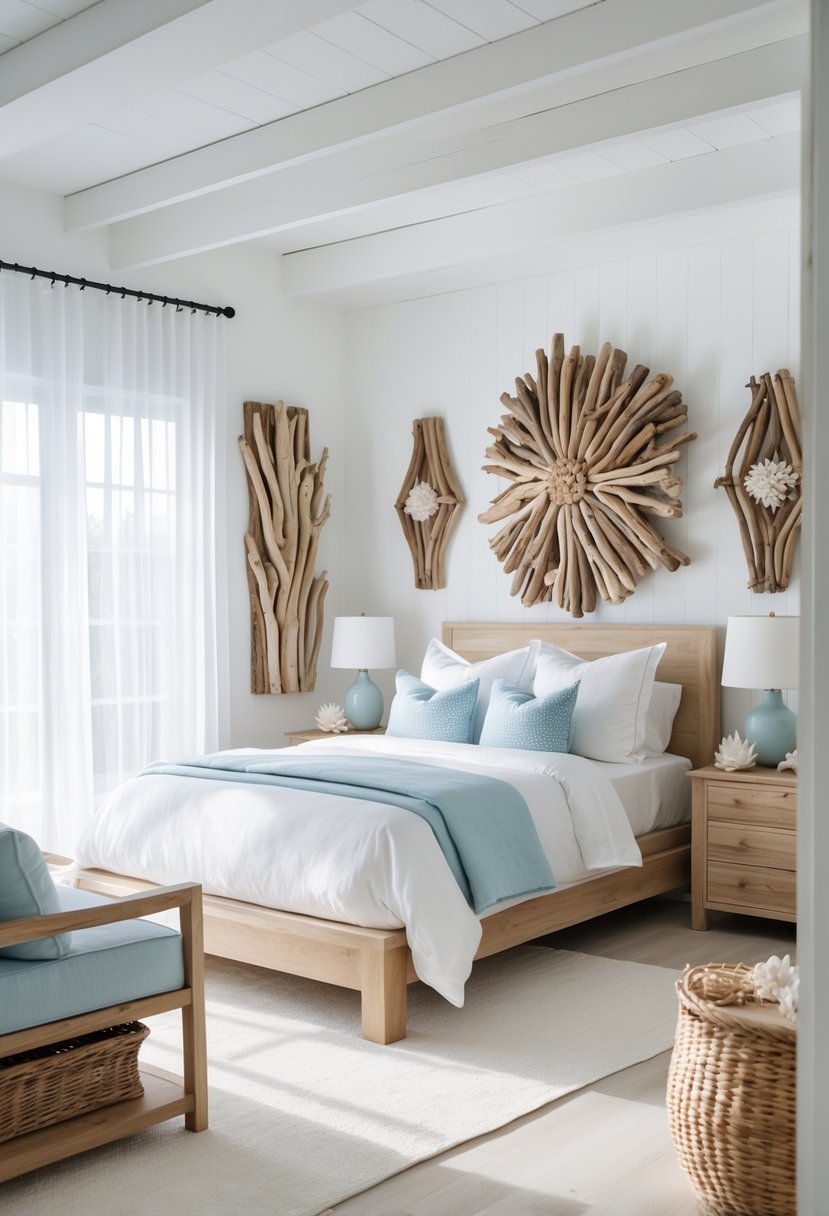 A bright bedroom with a bed, natural wood furniture, and driftwood decorations on the walls.
