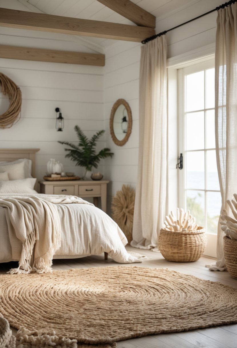 A bedroom with a bed, wooden furniture, and a natural woven jute rug on the floor illuminated by soft natural light.