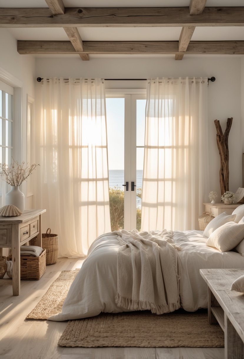 A bright bedroom with sheer curtains diffusing sunlight over a cozy bed and rustic wooden furniture.