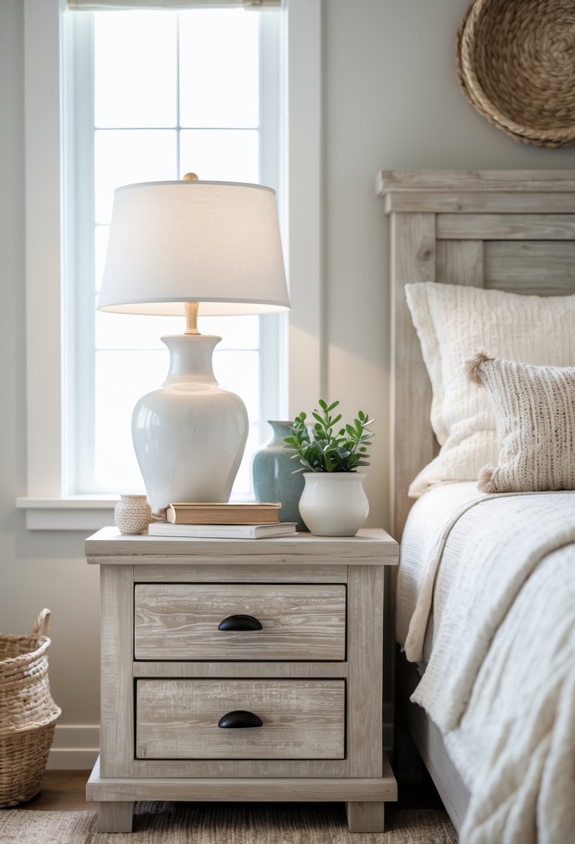 A bedroom with two light wood nightstands beside a bed, each holding a lamp, plant, and decorative items, with soft natural lighting.