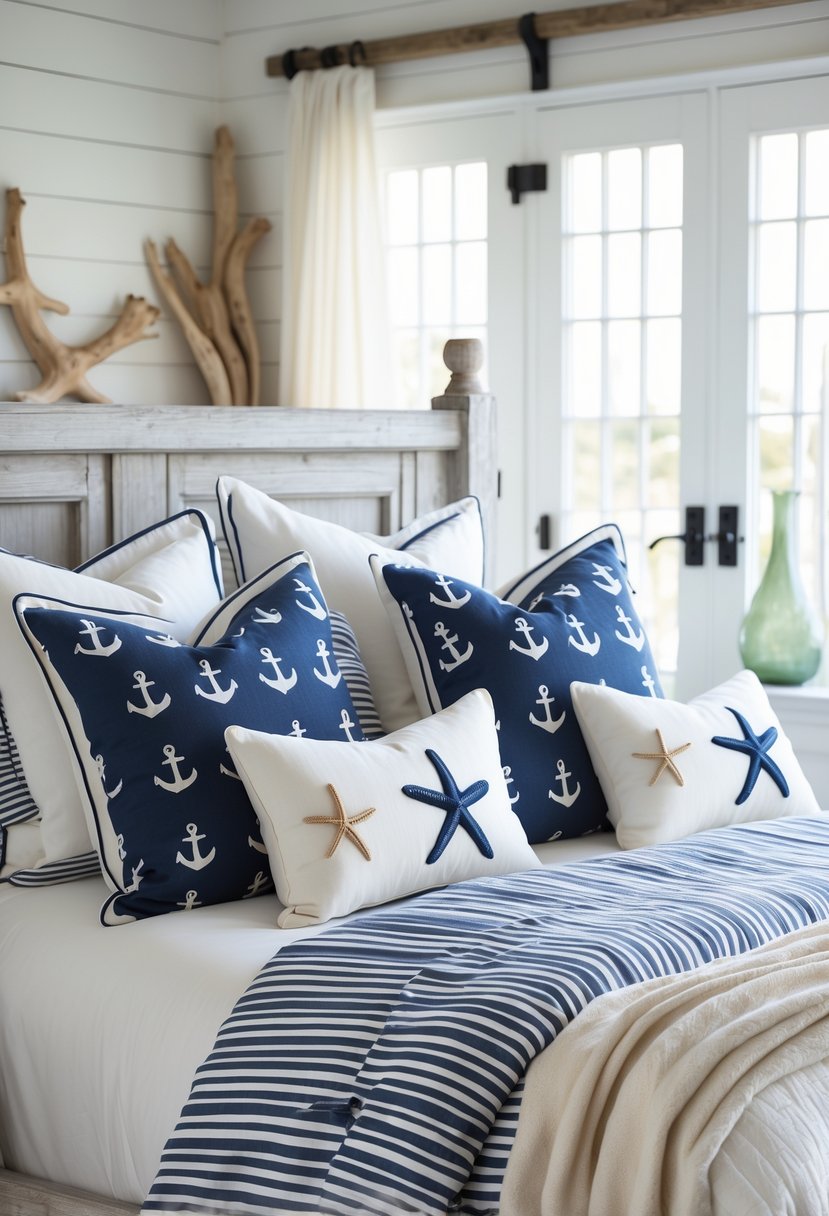 A bright bedroom with a bed decorated with nautical-themed throw pillows and rustic wooden furniture.