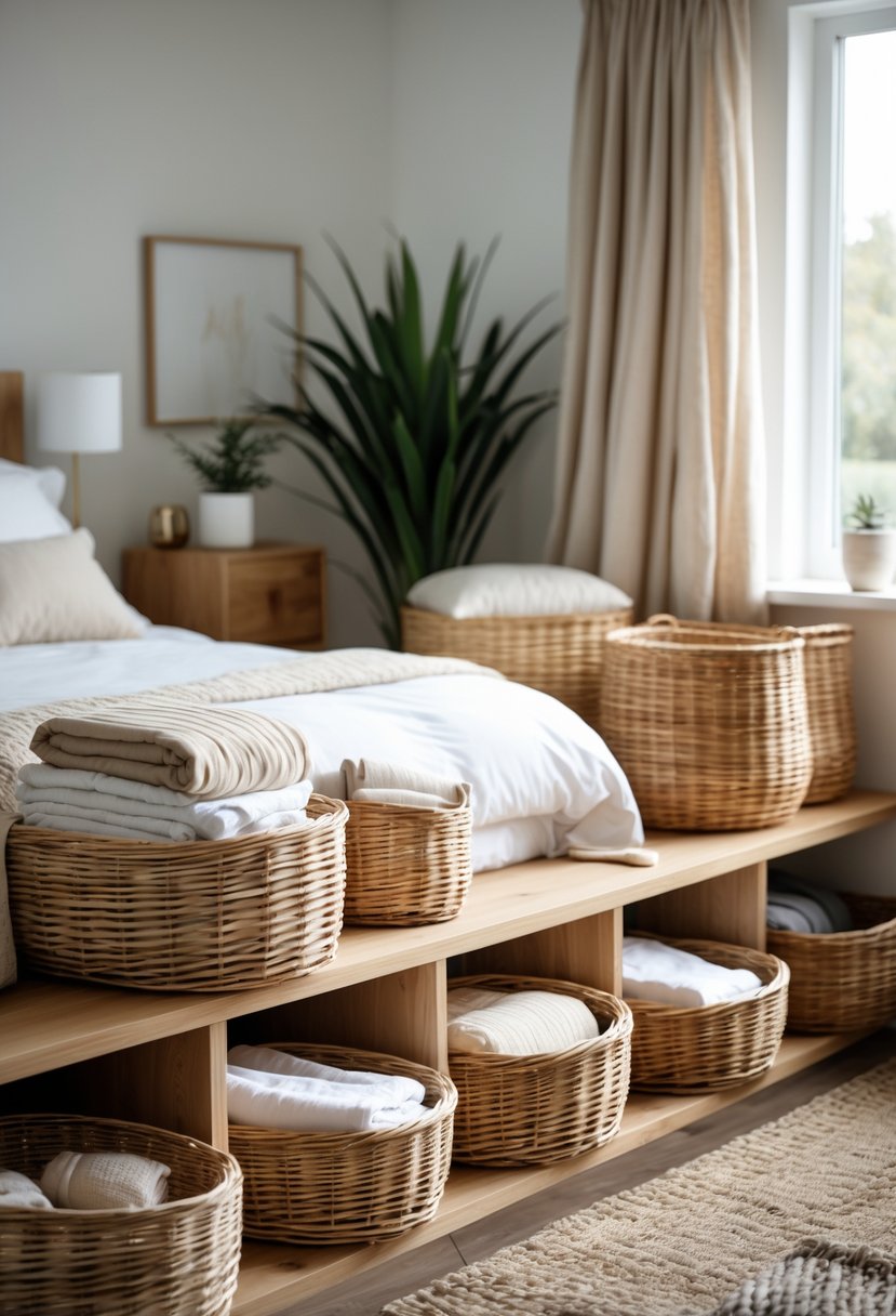 A bedroom with several wicker baskets used for storage, placed on shelves and the floor near a neatly made bed.