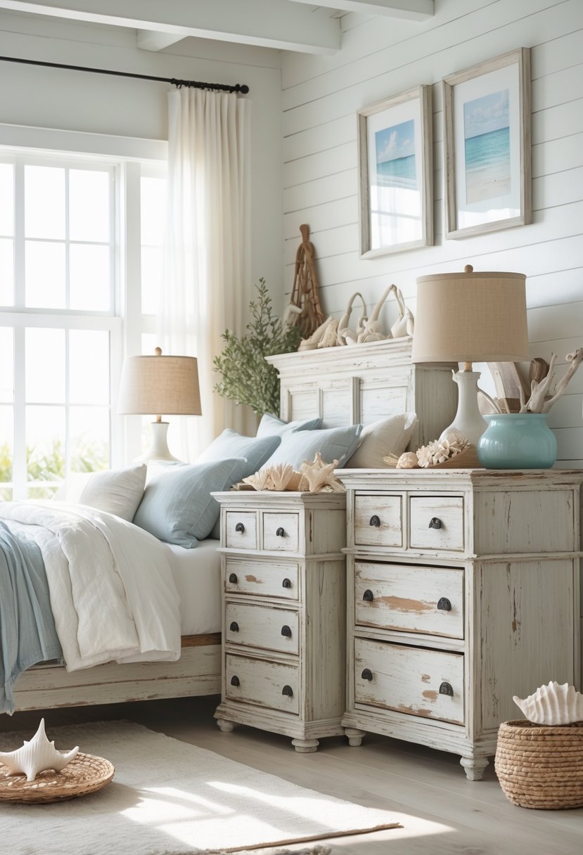 A bright bedroom with several distressed wooden dressers, a bed, and coastal decor in a cozy, well-lit room.
