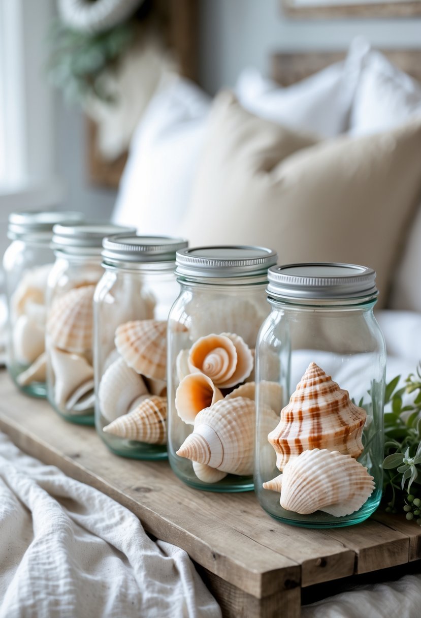 Glass jars filled with various seashells arranged on a wooden surface in a softly lit bedroom setting.