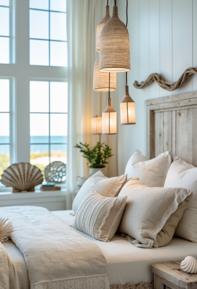 A bedroom with pendant lights hanging above bedside tables, featuring a bed with neutral-colored linens and natural light coming through windows.