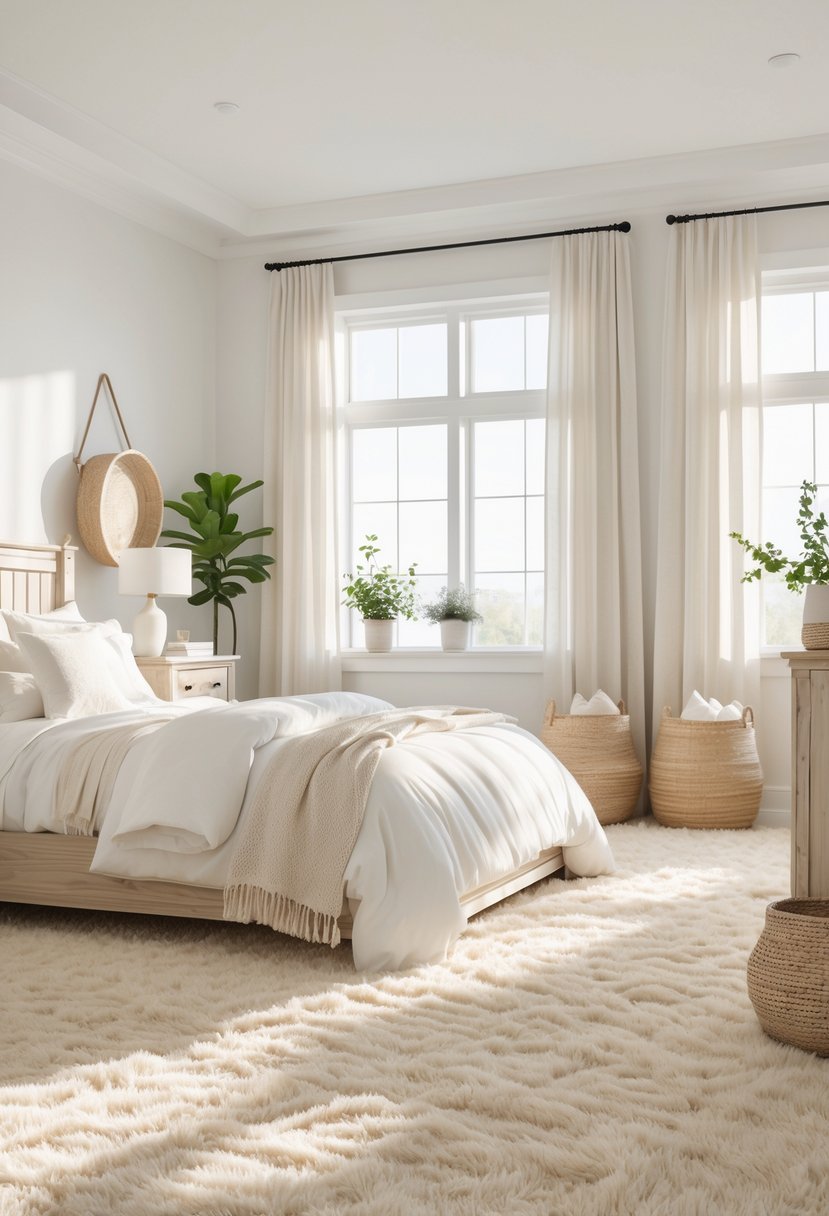 A bright bedroom with plush neutral carpet, a bed, wooden furniture, and natural light coming through windows.