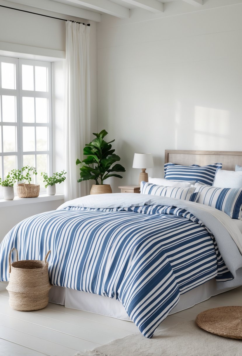 A bright bedroom with a bed made up in blue and white striped bedding, natural light coming through windows, and simple furniture and plants around.