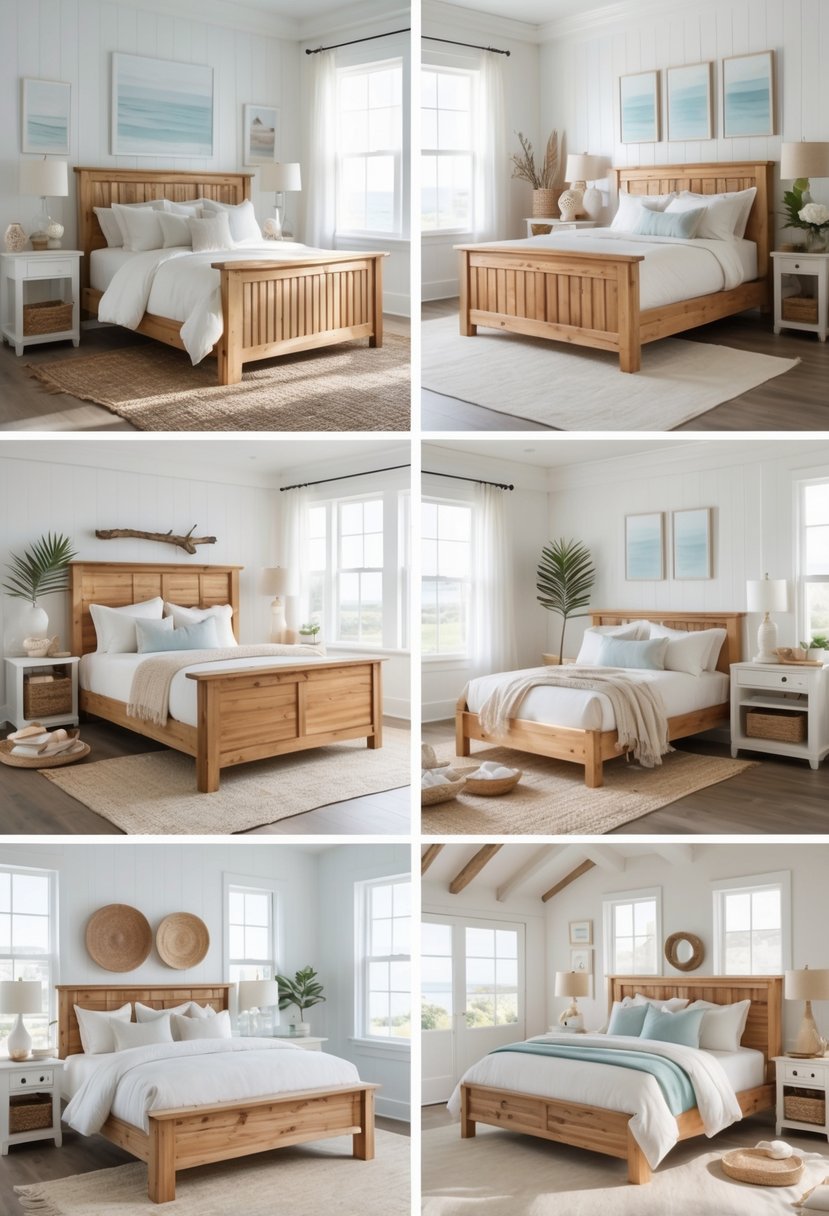 A bright bedroom with a natural wood bed frame, soft bedding, wooden floors, and sunlight coming through large windows.