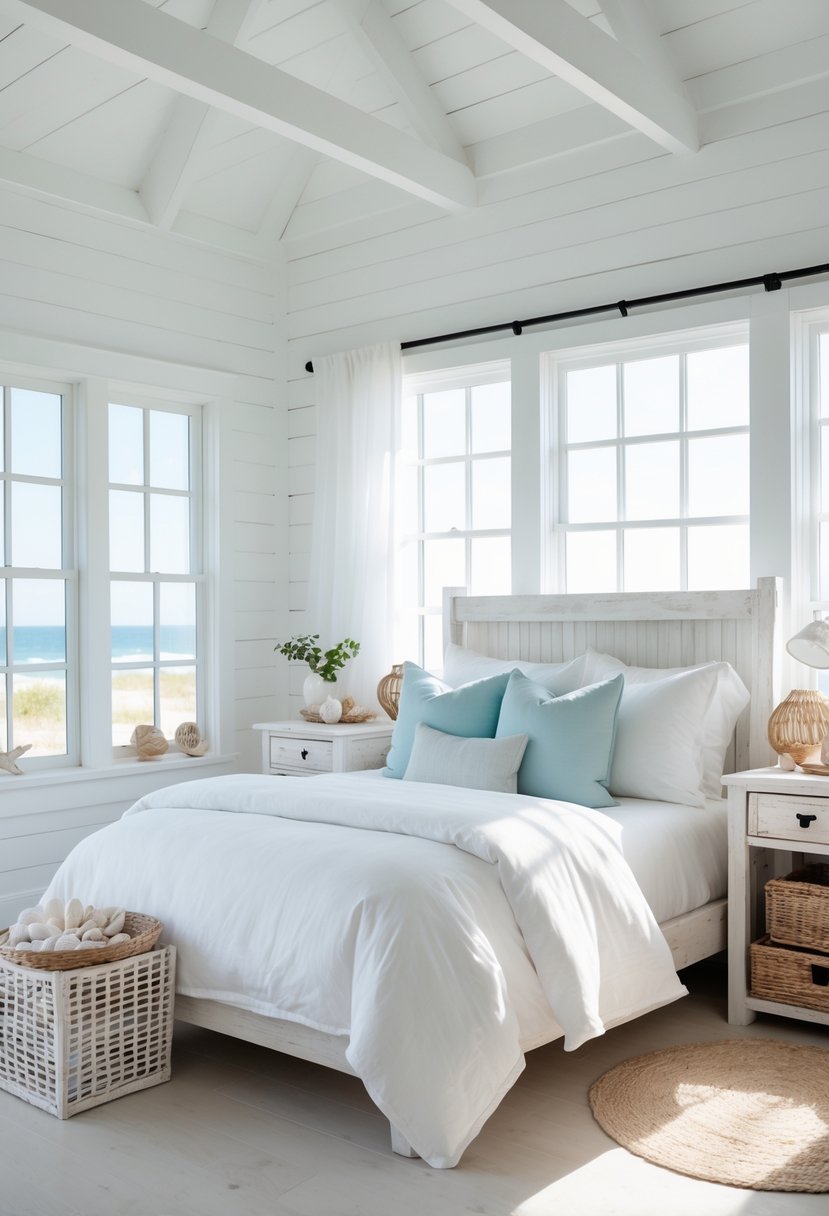 A bright bedroom with white walls, a cozy bed, wooden furniture, and sunlight streaming through large windows.
