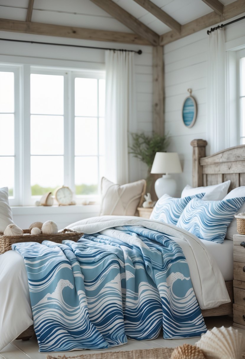 A bright bedroom with a bed covered in ocean wave patterned blankets and coastal-themed decor.
