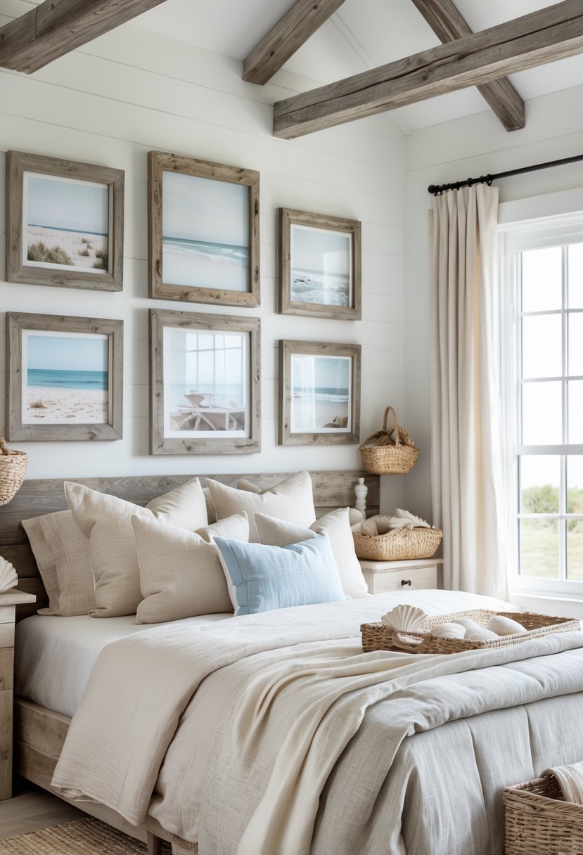 A bright bedroom with rustic wooden picture frames on the wall, a neatly made bed, and natural light coming through large windows.