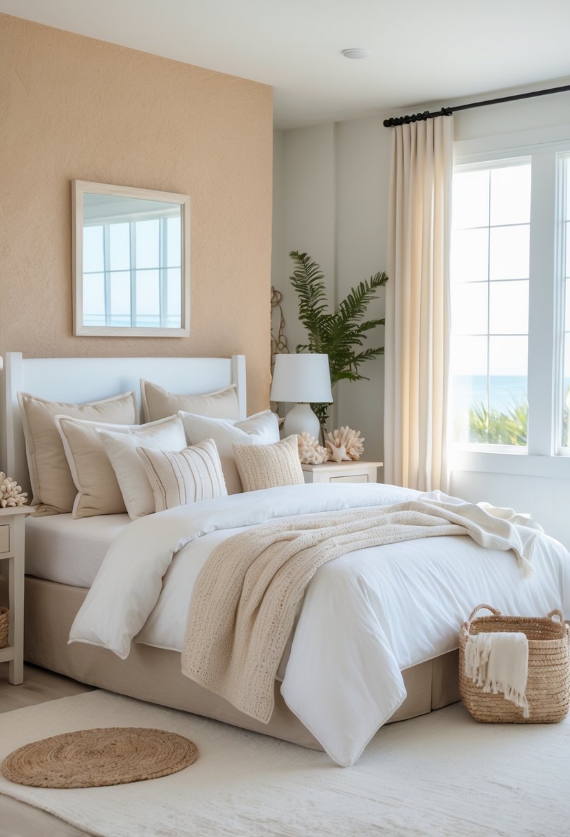 A bright bedroom with beach sand-colored walls, a neatly made bed, wooden furniture, and natural light coming through large windows.