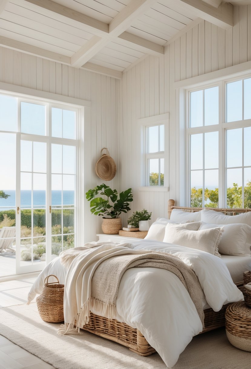 A bright bedroom with large windows letting in natural light, featuring a neatly made bed and natural decor elements.