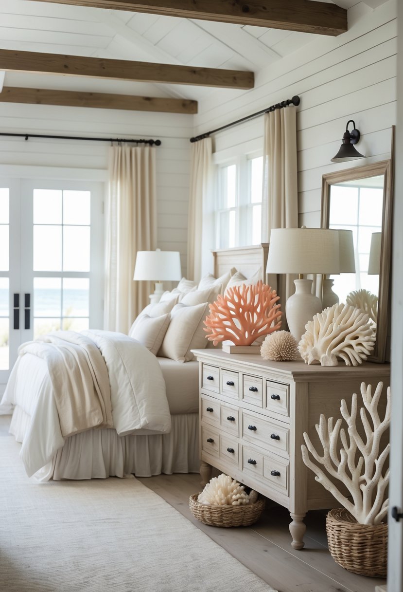 Bedroom with decorative coral sculptures displayed on wooden furniture and soft natural lighting.