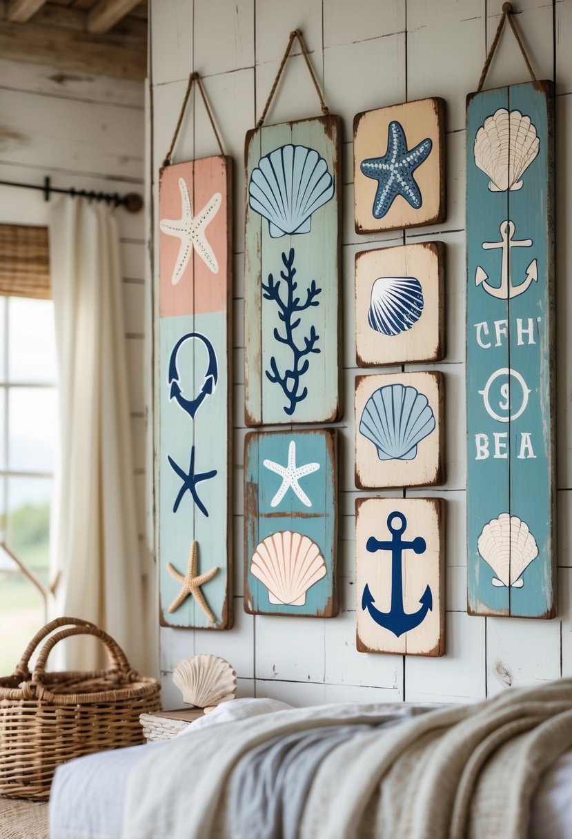 A cozy bedroom wall decorated with vintage wooden coastal signs featuring seashell and anchor motifs, surrounded by farmhouse decor elements.