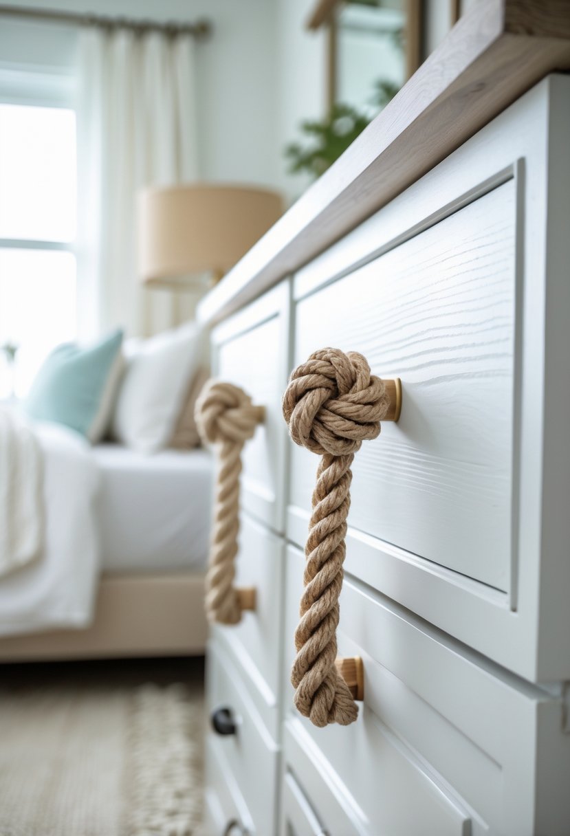 Close-up of woven rope drawer pulls on white wooden drawers in a bright bedroom.