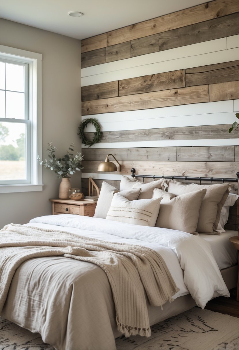 A cozy bedroom with a textured wooden accent wall, a bed with neutral bedding, and natural light coming through a window.