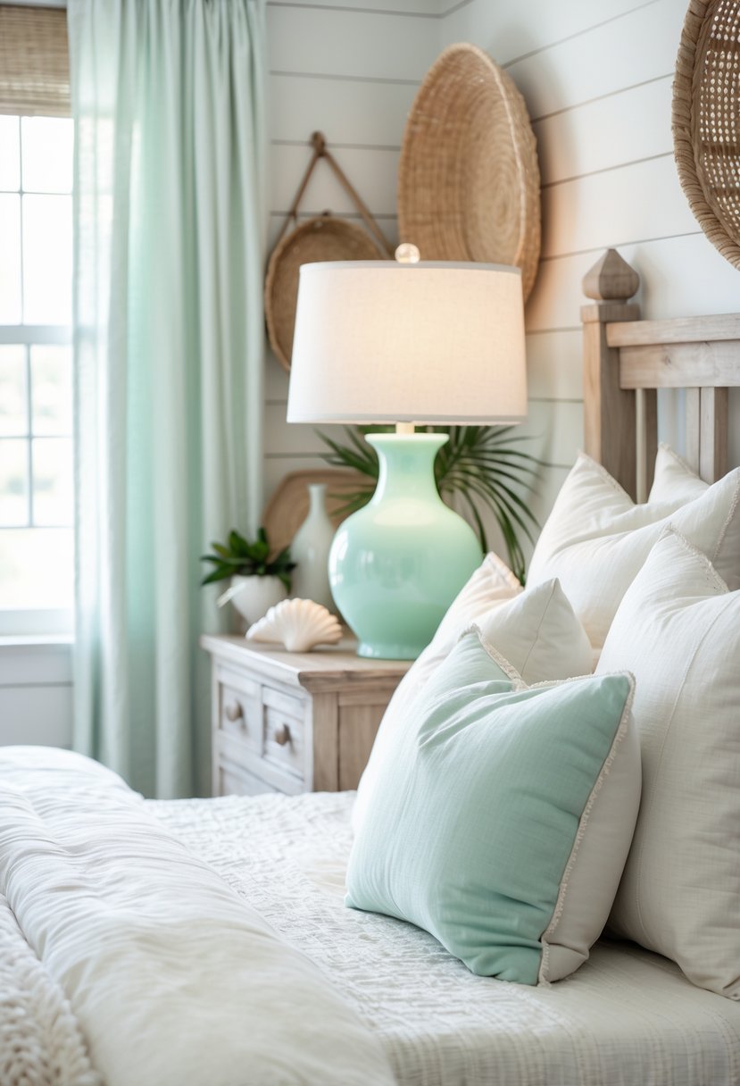 A bedroom with mint green bedside lamps on wooden nightstands next to a neatly made bed with white bedding.